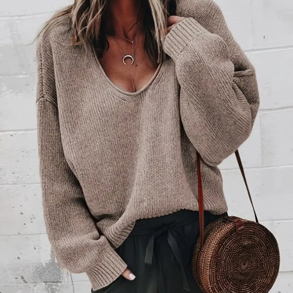 Sweaters - 1XL(14) Solid Long Sleeve V Neck Medium Stretch Sweater